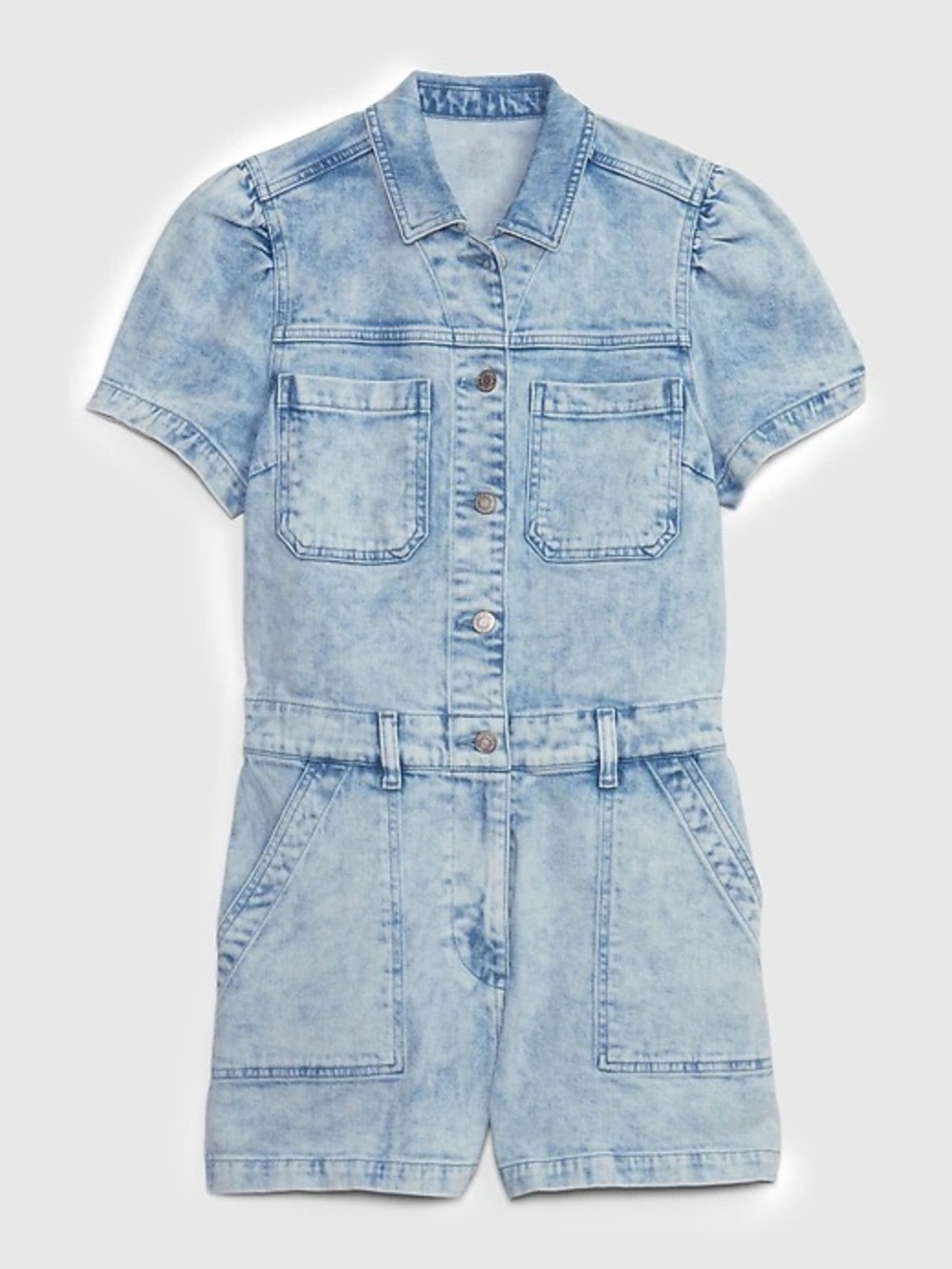 GAP Light Wash Denim Utility Romper Puff Sleeve Shorts Jumpsuit | Size 10 - Picture 6 of 8